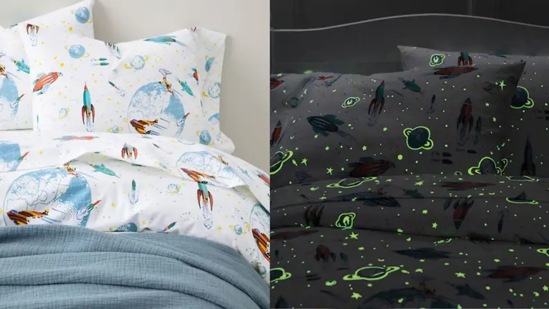 side by side photos of the Garnet Hill kid's sheet set with glow in the dark planets