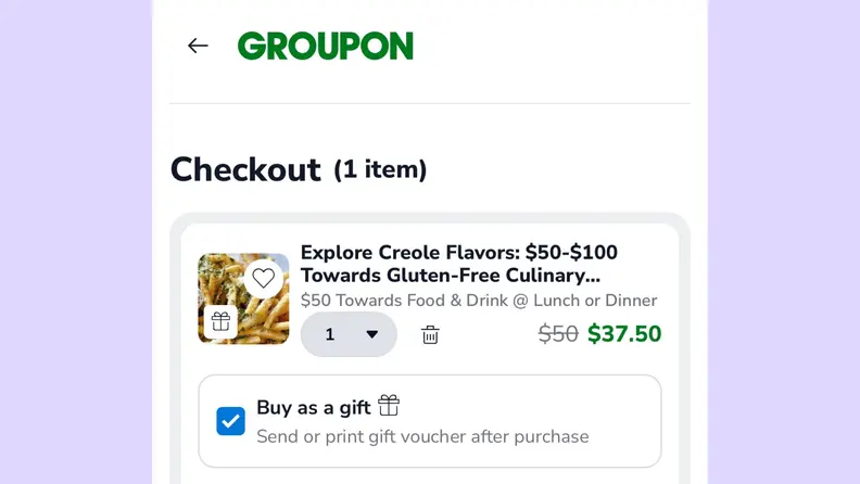 A screenshot of a Groupon checkout page displaying a discounted Creole dining voucher. The deal offers $50–$100 toward gluten-free culinary experiences at lunch or dinner, with a reduced price of $37.50 from the original $50. A "Buy as a gift" option is selected, allowing the purchaser to send or print a gift voucher after purchase. The Groupon logo is visible at the top.