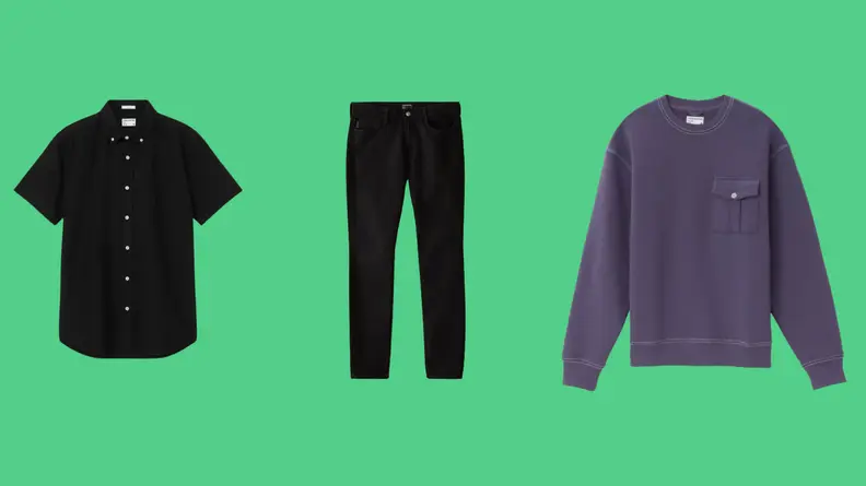 Black short-sleeve button up, a black pair of pants, and a mauve long-sleeve sweatshirt against green background