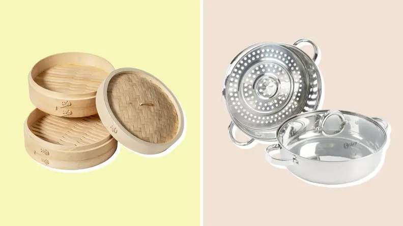 Photo collage of a bamboo steamer and a stainless steel steamer.