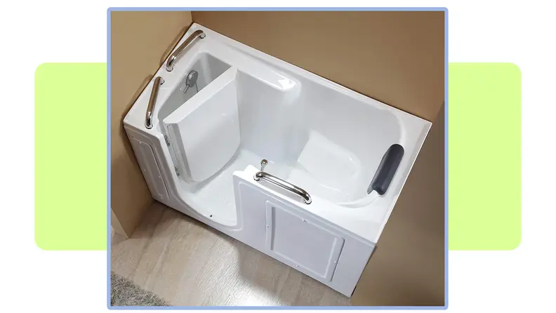 An Empava walk-in tub on a yellow background