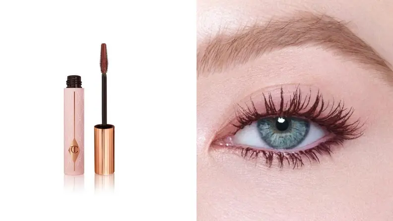Product next to the close-up of an eye and eyelashes with results.