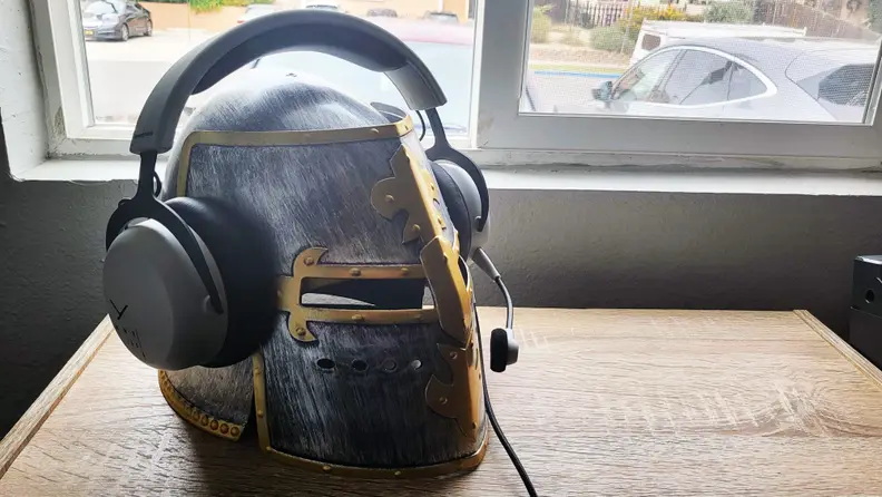 Helmet wears headphones