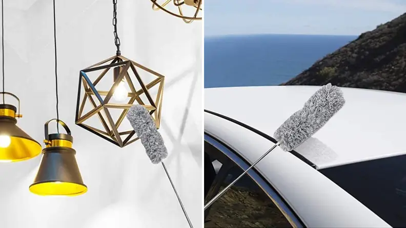 A person cleans hanging lights and their car.
