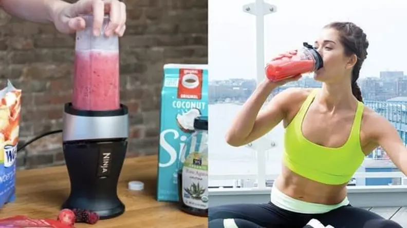 Left: A smoothie being prepared in the Nutri Ninja Fit personal blender. Right: A woman in an athletic outfit drinking the smoothie.