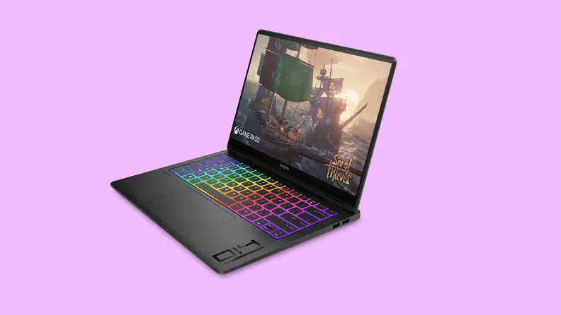 The 14-inch Omen Transcend 14 in black opened to reveal a screen grab of Sea of Thieves.