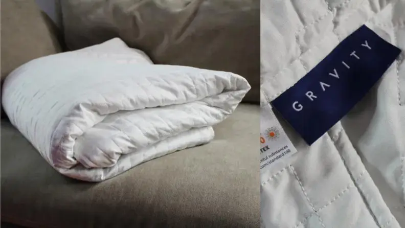 white weighted gravity blanket next to a close up on the blue tag that says gravity