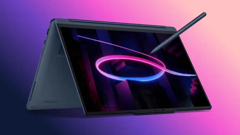Lenovo Yoga 9i Aura Edition Gen 11 2-in-1 laptop with stylus shown in tablet mode.