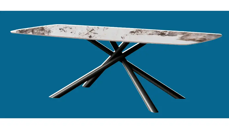 A stone table in front of a blue background.