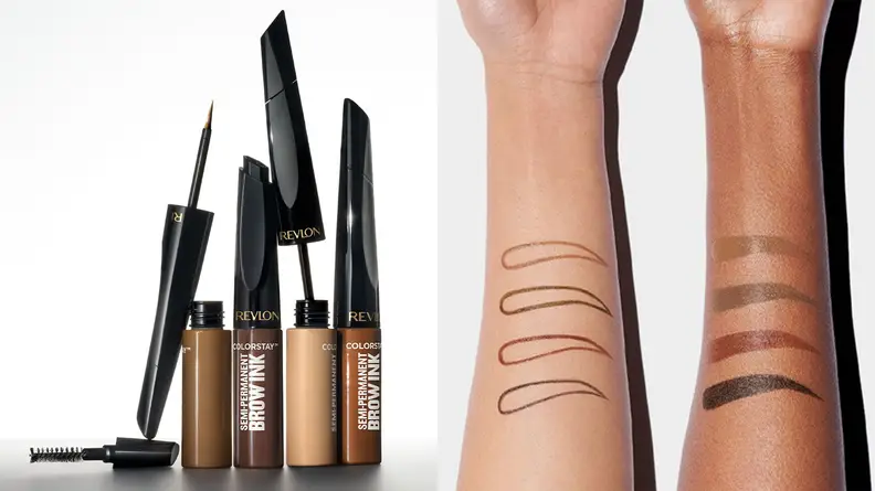 On the left: Several eyebrow gel products of different tones of brown stand together. On the right: Two arms of different skin tones have swatches of the eyebrows products on them.
