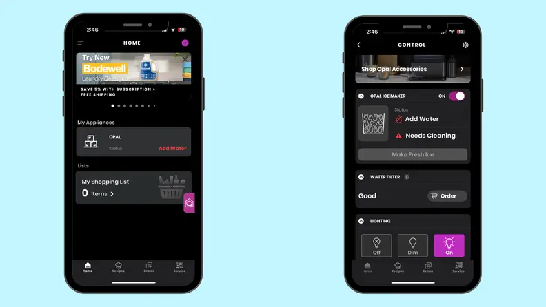 Two iPhone screen shots of the app on a blue background