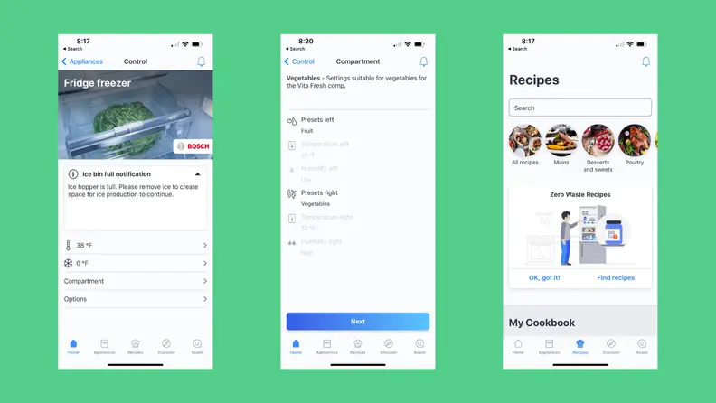 Three screenshots of the Home Connect app showing fridge temperature controls, crisper controls, and recipes.