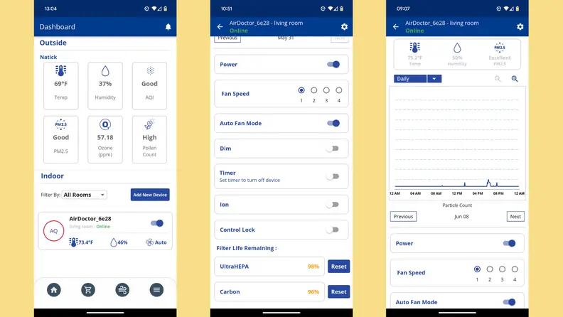 Three screenshots from the Air Doctor Pro 3500i’s app interface show outdoor air quality, options, and indoor air quality.