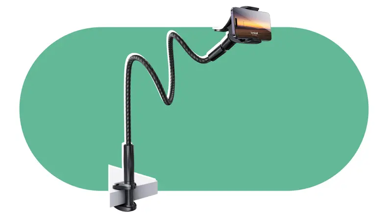 A smartphone being held by an extended phone holder.