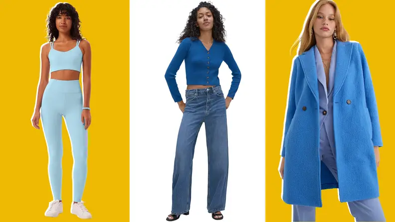 Collage image of tights and a workout bra, a sweater, and an overcoat in a mellow Pacific Blue.