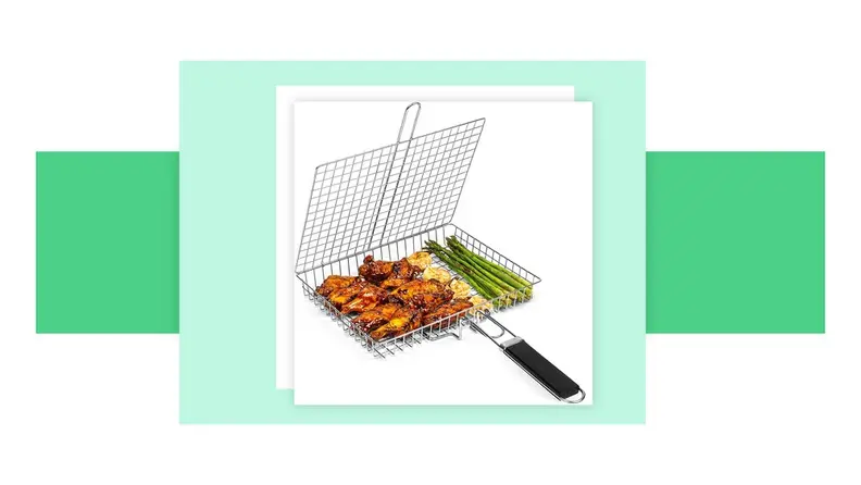 A grill basket in front of a background.