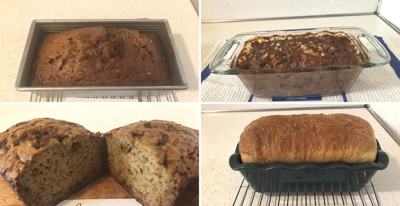 Clockwise from top left: A fully baked loaf of bread in a USA Pan loaf pan, a fully baked loaf in a Pyrex glass loaf pan, a loaf of bread sliced in half in the middle, and a fully-baked loaf of sandwich bread in a ceramic loaf pan.