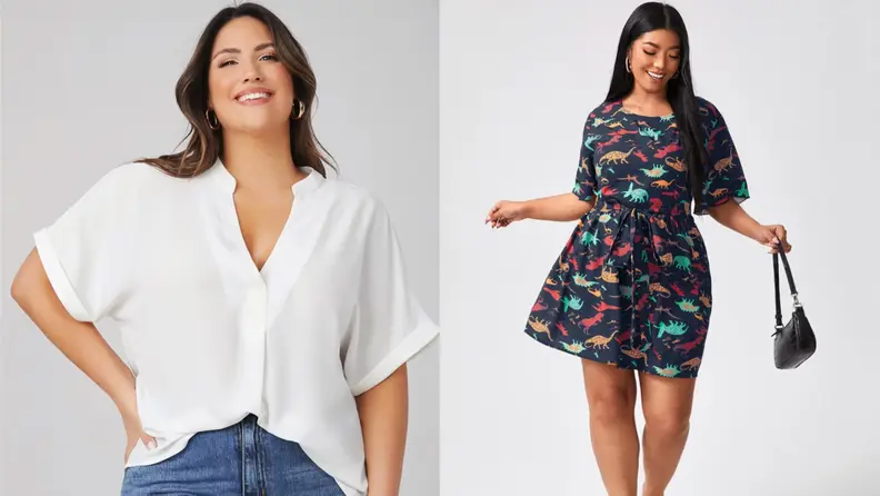 Woman wearing white blouse laughing, woman wearing dinosaur dress dancing with pocketbook