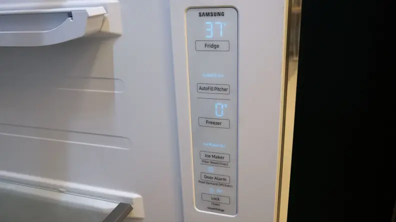 Temperature adjustment panel on the inside of the Samsung RS28CB7600 side-by-side Bespoke refrigerator.