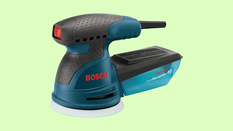 A Bosch orbital sander appears on a green background.