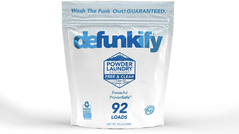 A package of Defunkify laundry detergent on a white background.