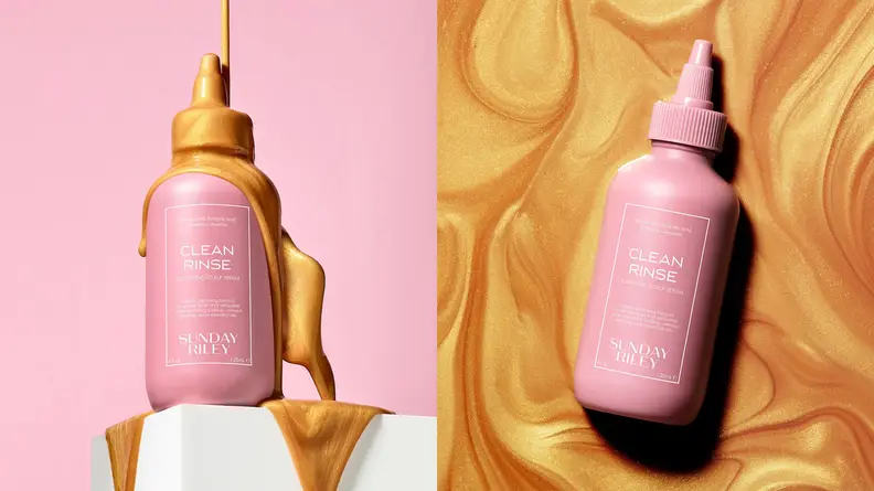 On the left: A pink Sunday Riley bottle with a tapered nozzle. On the right: The pink bottle lays in a gold liquid.