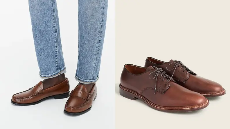 Man wearing jeans with brown penny loafers from J.Crew, brown pair of oxfords from J.Crew.