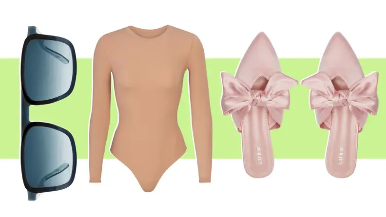 A pair of sunglasses, ballet flats with a bow, and a bodysuit.