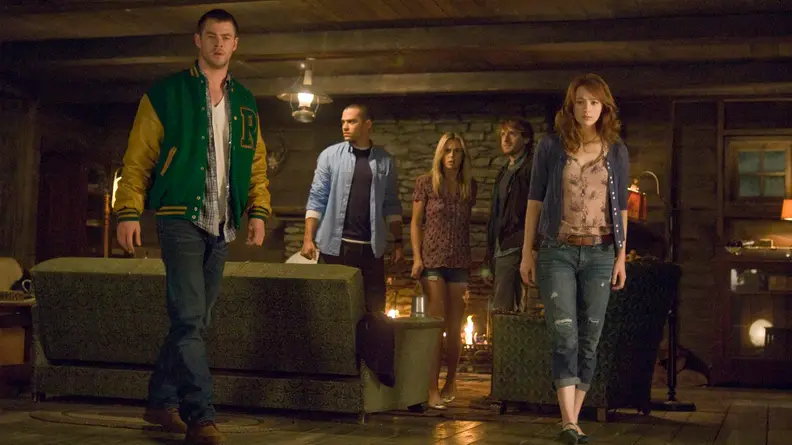 From left to right: Curt (Chris Hemsworth), Holden (Jesse Williams), Jules (Anna Hutchison), Marty (Fran Kranz) and Dana (Kristen Connolly) in THE CABIN IN THE WOODS.  