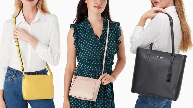 Three people holding assorted leather Kate Spade purses.