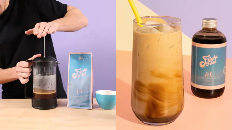 Left: hand pressing a batch of French press coffee. Right: class of cold brew with cream