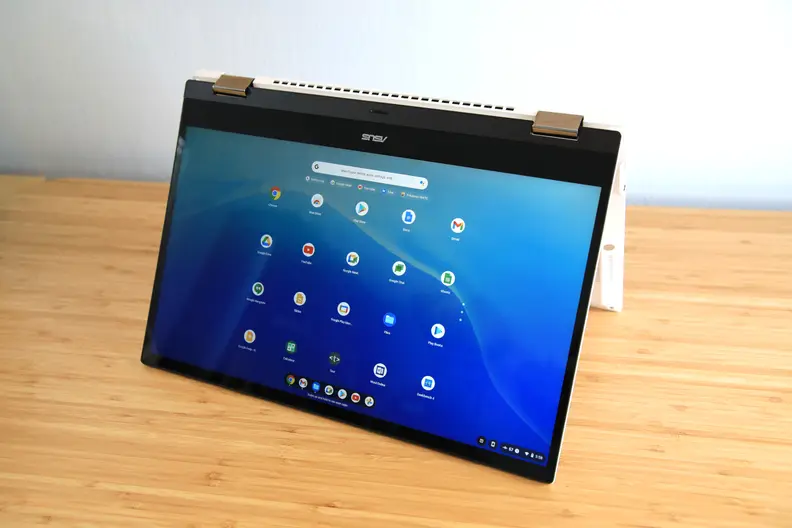 A 2-in-1 laptop folded in tent-mode