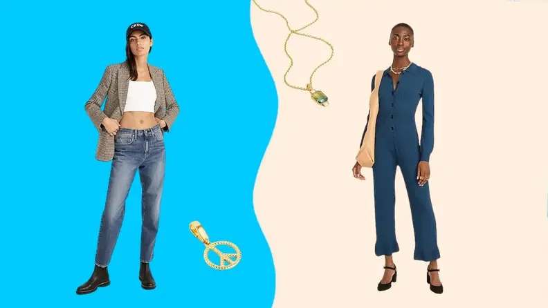 Model on right wearing blazer, bandeau top and jeans and model left wearing navy blue jumpsuit.