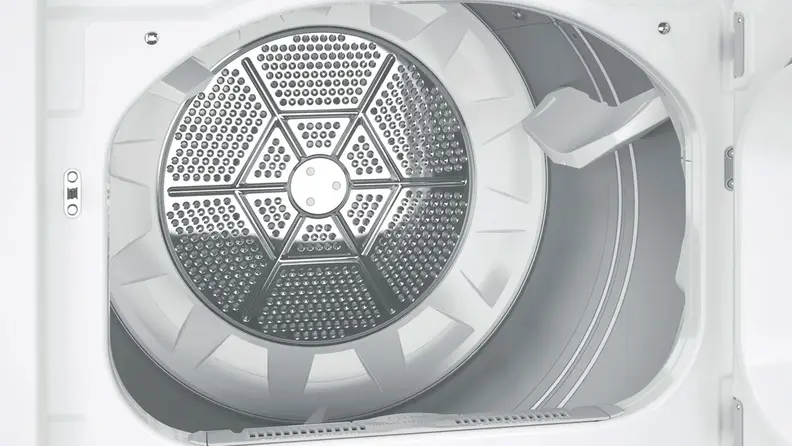 A shot of the GE GTD33EASKWW front-loading dryer's interior drum.
