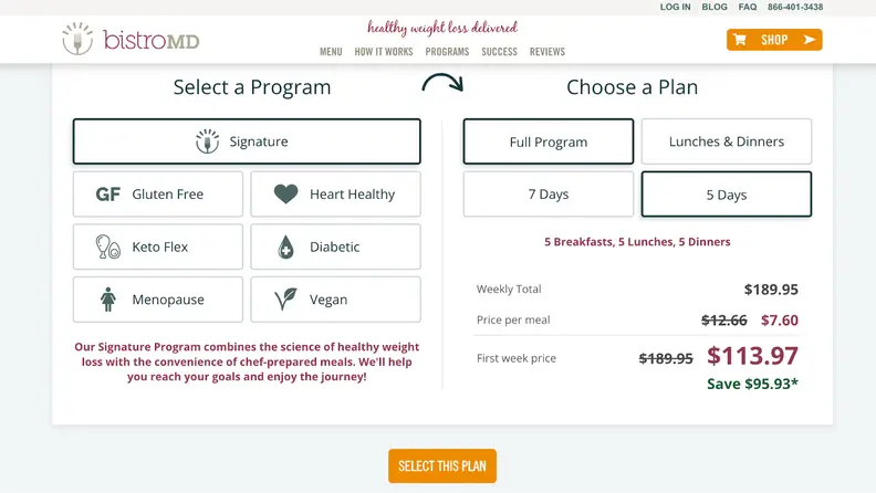BistroMD website showing program selections and a discounted weekly price of $113.97, save $95.93.