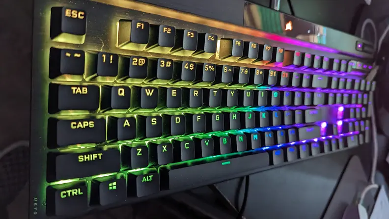 An angled shot of a glowing keyboard