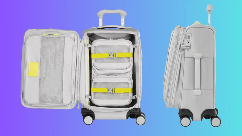 Two pieces of luggage on a purple and blue background