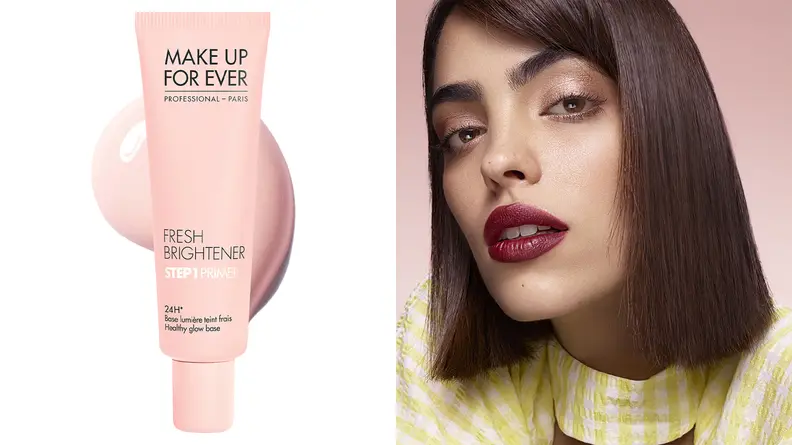 On the left: A pink tube of makeup primer. On the right: A person wearing makeup looking at the camera.