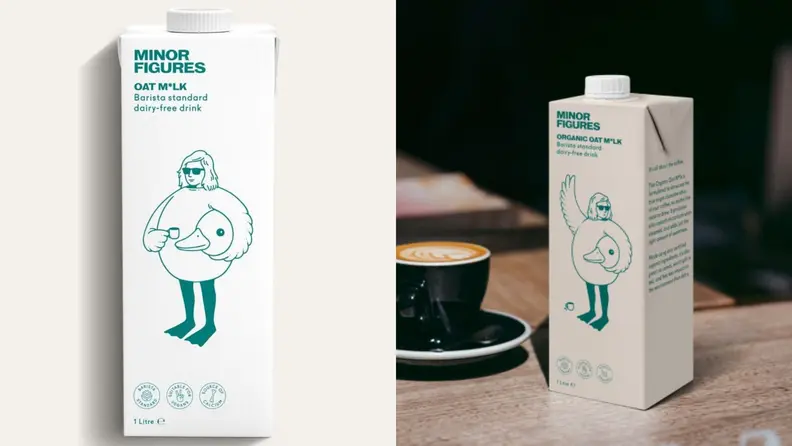 Left: A carton of oat milk is silhouetted on a white background. Right: A carton of organic oat milk sits on a counter next to a latte in a black mug.