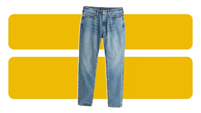 A pair of slim-fit blue jeans.