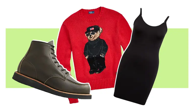 Collage of a pair of green boots, a red sweater with the Polo Bear pattern, and a black dress.