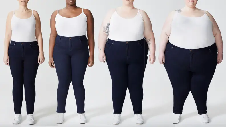 Four women line up wearing the Seine skinny jeans in sizes 14 to 32