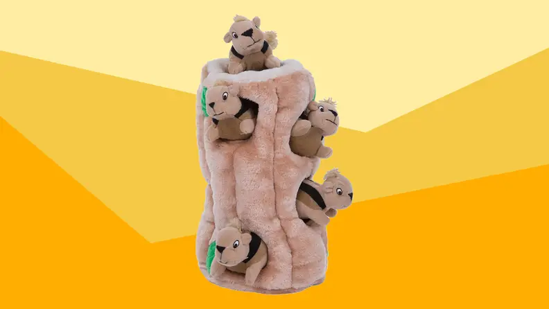 A plush dog toy against a varied yellow background.