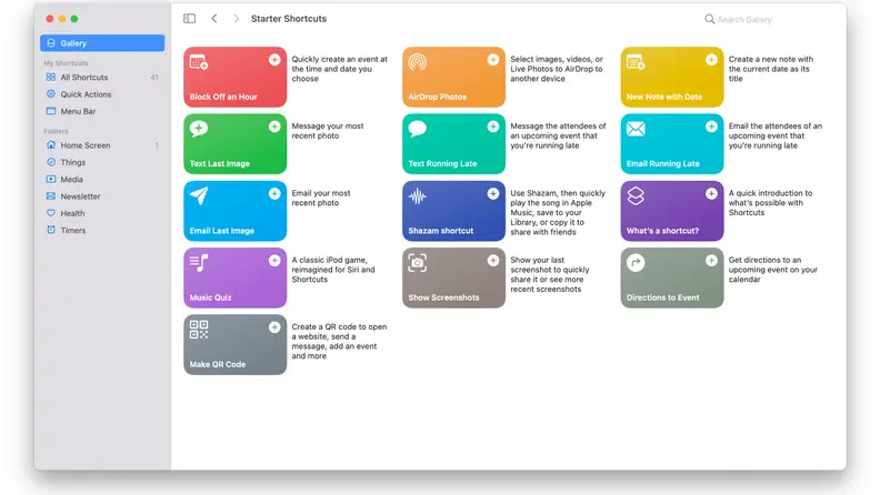 A screenshot of some starter Shortcuts from the Shortcuts gallery.