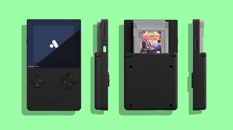 A small, black, rectangular handheld gaming console at different angles