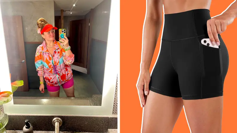 A pair of workout shorts, and the author wearing the same shorts in pink with a printed jacket.