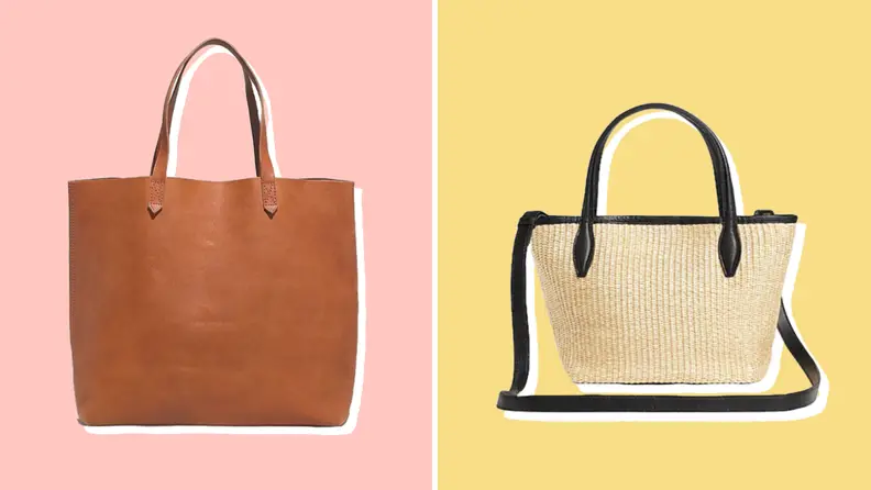 Two Madewell purses against pink and yellow backgrounds