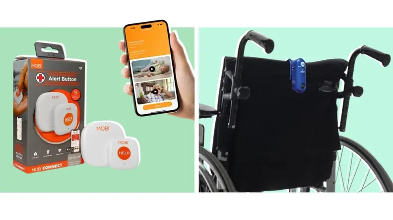 Photo collage of the Mobi Emergency Alert Button next to box, instructions and person holding smart phone with Mobi app on screen and an alarm Alert Magnet Alarm clipped to the back of wheelchair..
