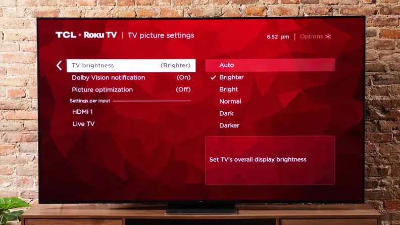 TCL 75R655 with Roku brightness display.