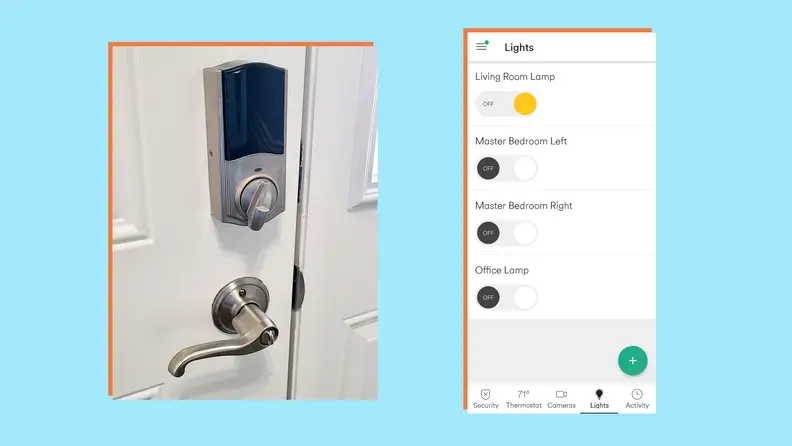 The Vivint door lock next to a screenshot of the Vivint mobile app.